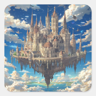 Pegatina Cuadrada Castillo de Fantasía Flotante en las Nubes | Celes