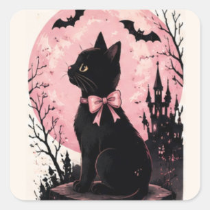 Pegatina Cuadrada Castillo de Luna Llena Rosa Gato Negro
