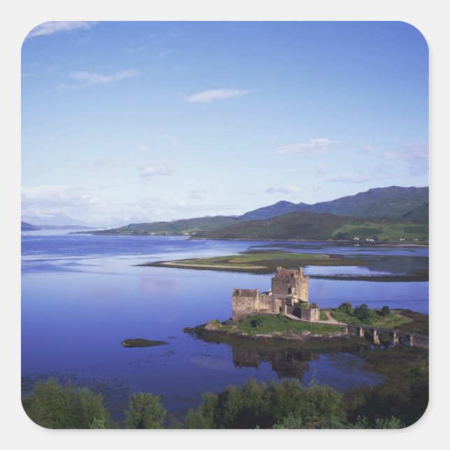 Pegatina Cuadrada Castillo Eilean Donan, Dornie, Highlands, (Anverso)