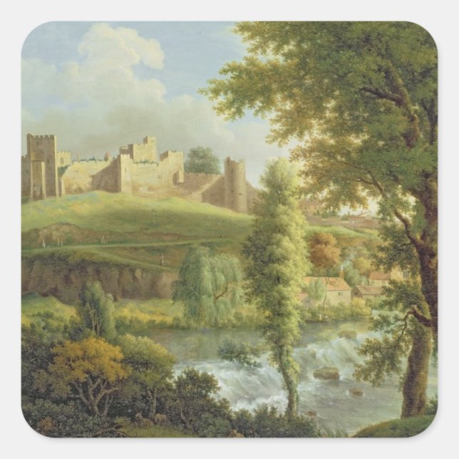 Pegatina Cuadrada Castillo Ludlow con Dinham Weir, desde el Sudoeste (Anverso)