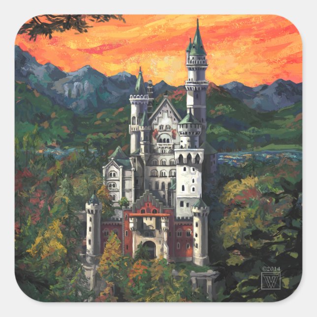 Pegatina Cuadrada Castillo Schloss Neuschwanstein (Anverso)