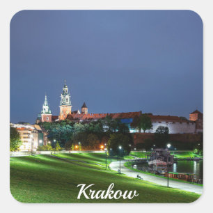 Pegatina Cuadrada Castillo Wawel de noche en Cracovia, Polonia