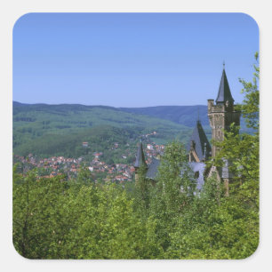 Pegatina Cuadrada Castillo, Wernigerode, Sajonia-Anhalt, Alemania