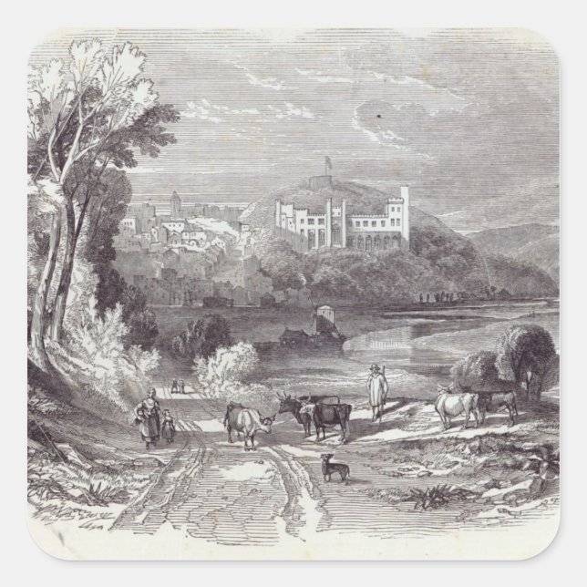 Pegatina Cuadrada Castillo y pueblo de Arundel (Anverso)