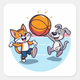 Pegatina Cuadrada Cat and Dog juega al baloncesto