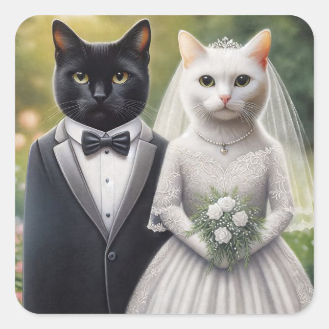 Pegatina Cuadrada Cat Bride y Groom (Anverso)