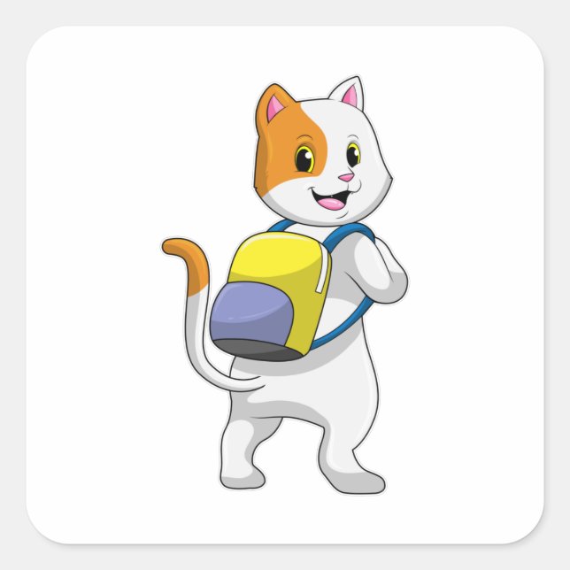 Pegatina Cuadrada Cat como excursionista con mochila (Anverso)