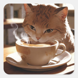 Pegatina Cuadrada Cat drinking coffee from a cup
