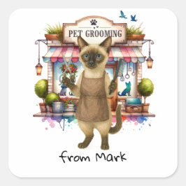 Pegatina Cuadrada Cat Hairdresser Pet Grooming watercolor style