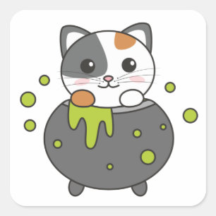 Pegatina Cuadrada Cat Happy Halloween Cauldron Bat