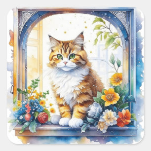 Pegatina Cuadrada Cat in Window con flores