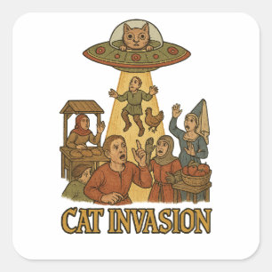 Pegatina Cuadrada Cat Invasion UFO