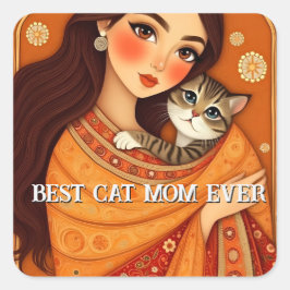 Pegatina Cuadrada Cat lover Mom Photo  orange