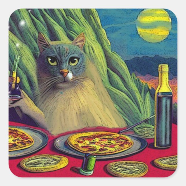 Pegatina Cuadrada Cat Nip Pizza (Anverso)