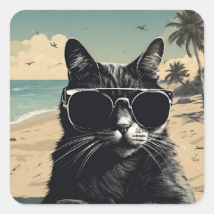Pegatina Cuadrada Cat on Beach - Diseño de alta calidad
