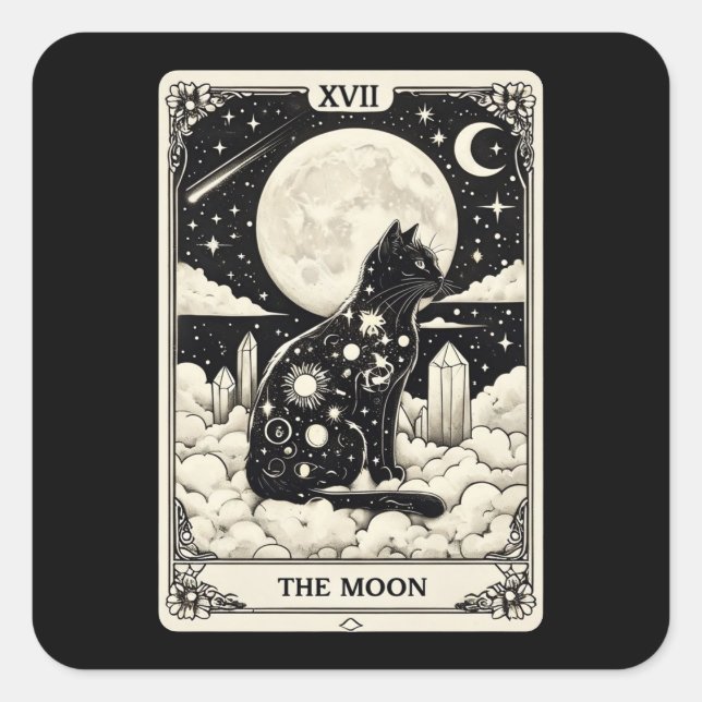 Pegatina Cuadrada Cat Tarot Card The Moon Graphic (Anverso)