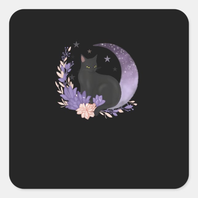 Pegatina Cuadrada Cat Witchy Moon Flowers Pastel Goth Goblincore (Anverso)