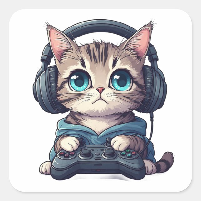 Pegatina Cuadrada Cat with headphones and controller (Anverso)