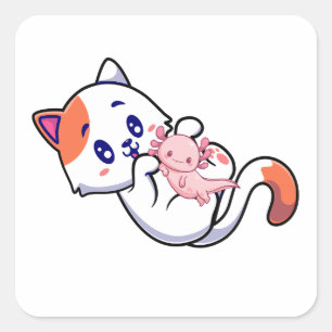 Pegatina Cuadrada Cat y Axolotl Kawaii Neko Anime