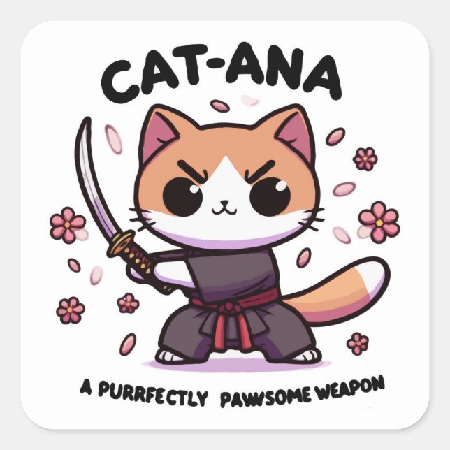 Pegatina Cuadrada Catana Samurai - Guerrero gato adorable (Anverso)