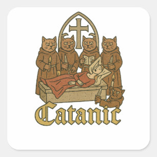 Pegatina Cuadrada Catánico - Meme medieval de culto al gato