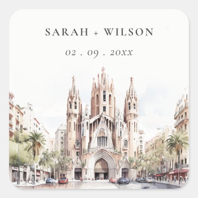 Pegatina Cuadrada Catedral de Barcelona Boda de Acuarela de España (Anverso)