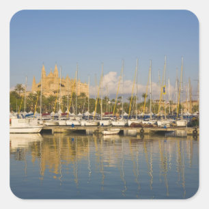 Pegatina Cuadrada Catedral y marina, Palma, Mallorca, España