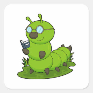 Pegatina Cuadrada Caterpillar como atormentado con gafas y libros