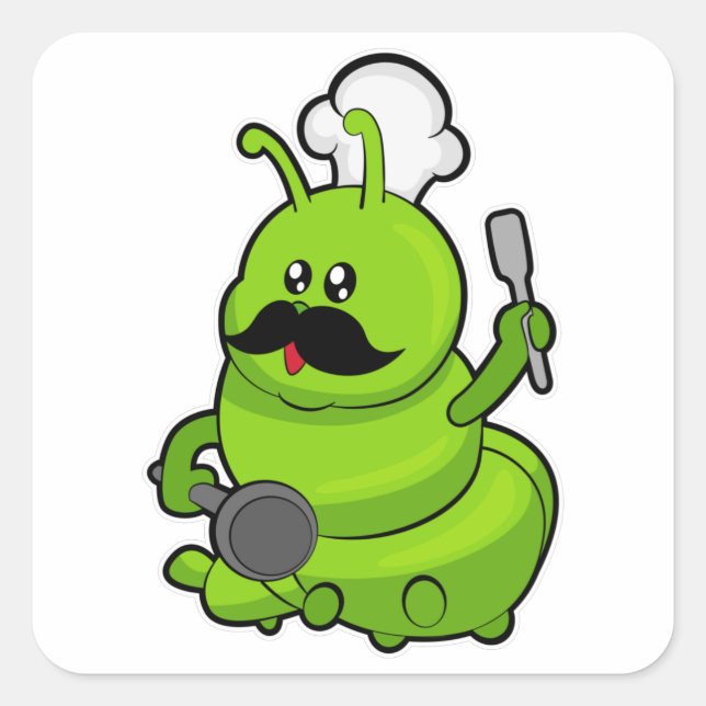 Pegatina Cuadrada Caterpillar como cocinado con bigote (Anverso)
