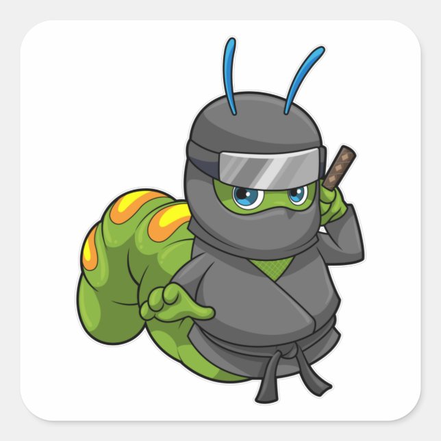 Pegatina Cuadrada Caterpillar como Ninja con espada (Anverso)