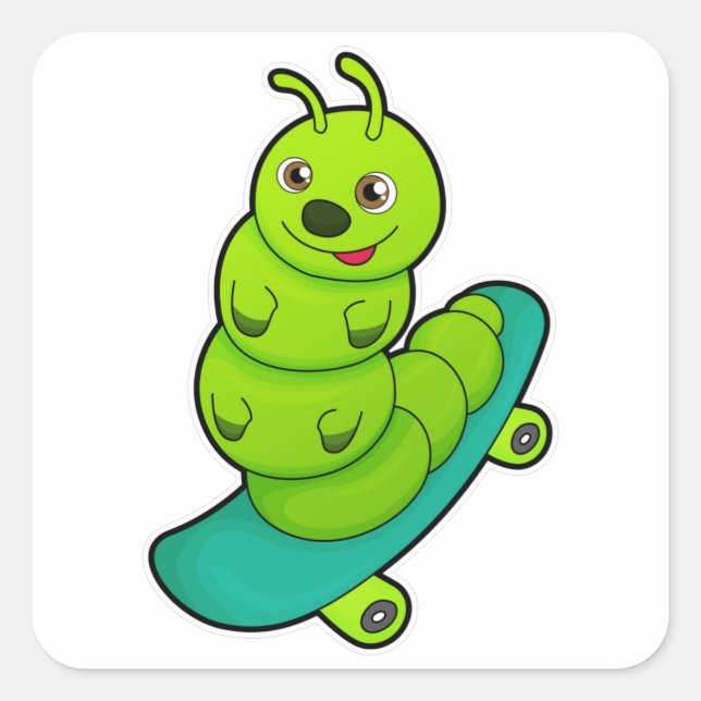 Pegatina Cuadrada Caterpillar como Skater con Skateboard (Anverso)