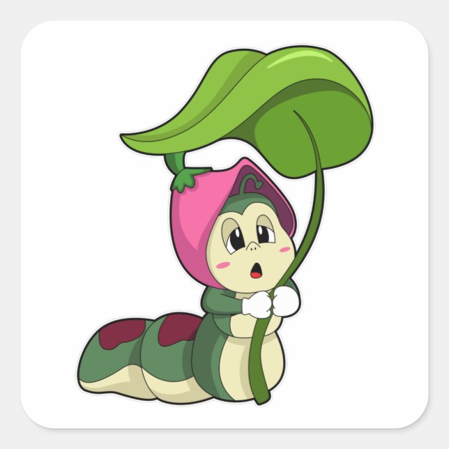 Pegatina Cuadrada Caterpillar con hoja (Anverso)