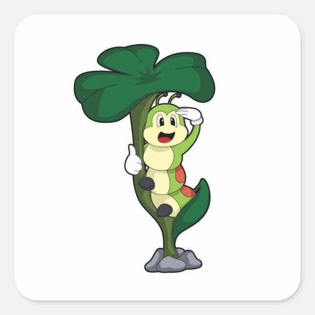 Pegatina Cuadrada Caterpillar con hoja (Anverso)