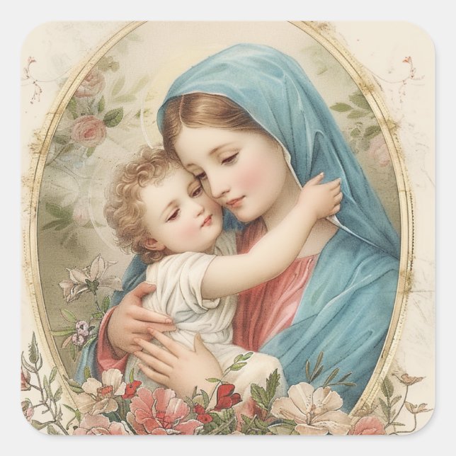 Pegatina Cuadrada Catholic Virgin Mary Baby Jesus Floral  (Anverso)