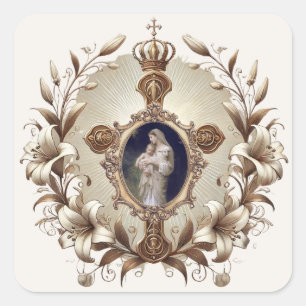 Pegatina Cuadrada Católico Religioso Floral Jesús Virgen María