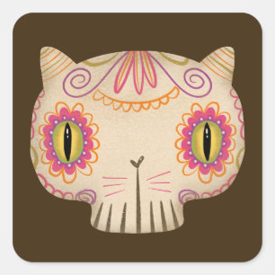 Pegatina Cuadrada Catrina de cráneo de azúcar de gato - Día de los m