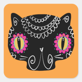 Pegatina Cuadrada Catrina de gato de cráneo de azúcar Día de los mue