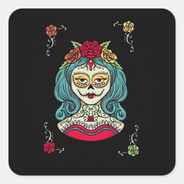 Pegatina Cuadrada Catrina Día de Muertos Web (Anverso)