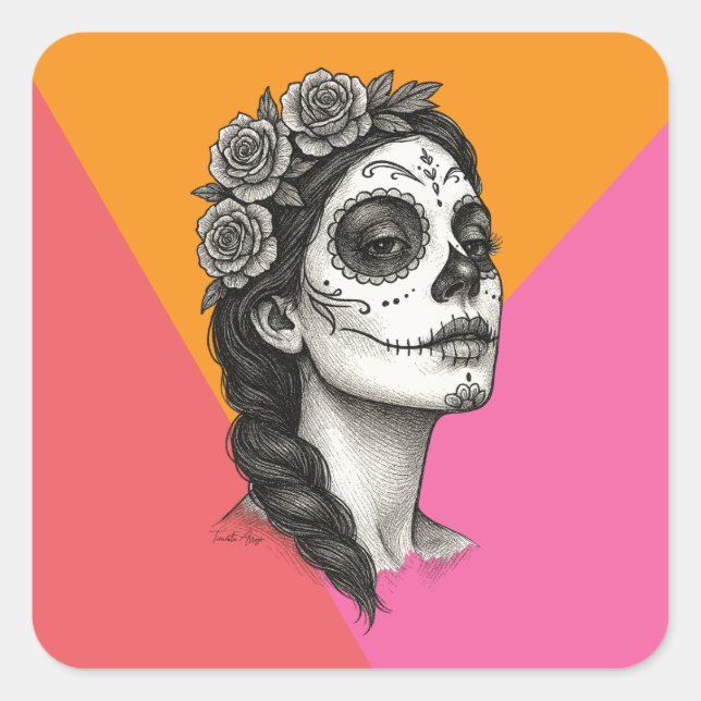 Pegatina Cuadrada Catrina mexicana con Día de los Muertos Rosas (Anverso)