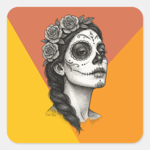 Pegatina Cuadrada Catrina mexicana con Día de los Muertos Rosas