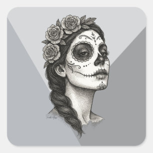 Pegatina Cuadrada Catrina mexicana con Día de los Muertos Rosas