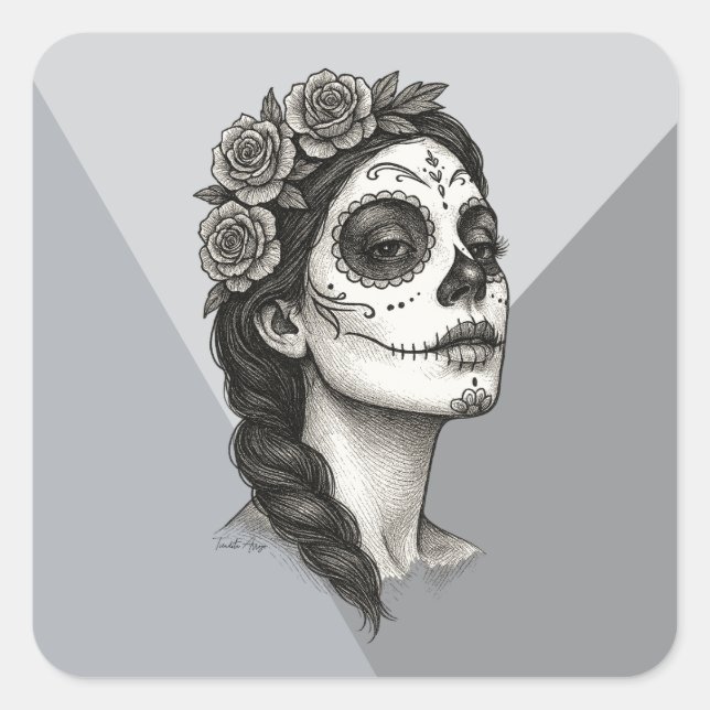 Pegatina Cuadrada Catrina mexicana con Día de los Muertos Rosas (Anverso)
