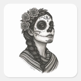 Pegatina Cuadrada Catrina Mexicana Sarape Y Rosas Dia de Muertos