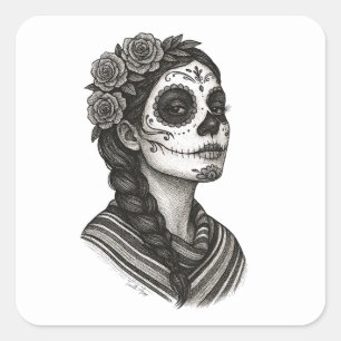 Pegatina Cuadrada Catrina Mexicana Sarape Y Rosas Dia de Muertos