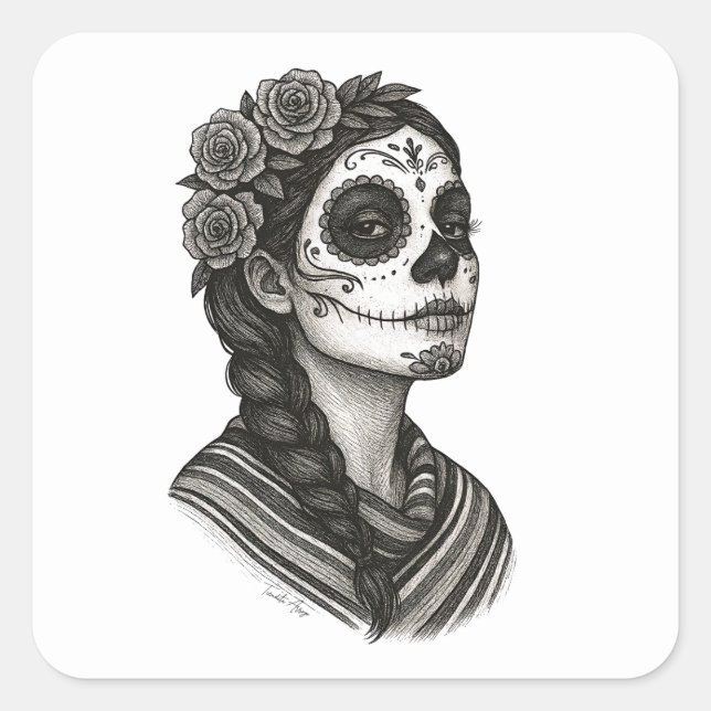Pegatina Cuadrada Catrina Mexicana Sarape Y Rosas Dia de Muertos (Anverso)