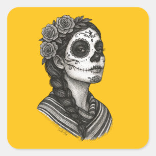 Pegatina Cuadrada Catrina Mexicana Sarape Y Rosas Dia de Muertos