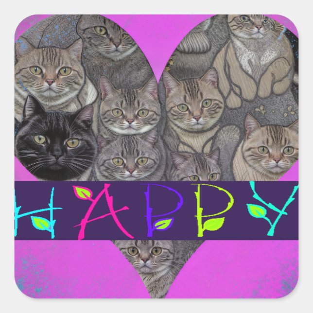 PEGATINA CUADRADA CATS HAPPY T-SHIRT (Anverso)