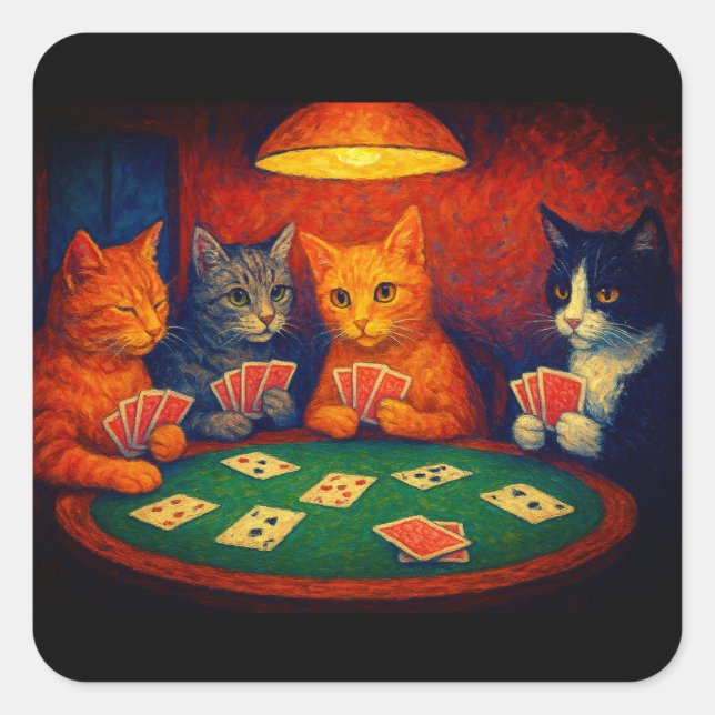 Pegatina Cuadrada Cats Playing Cards (Anverso)