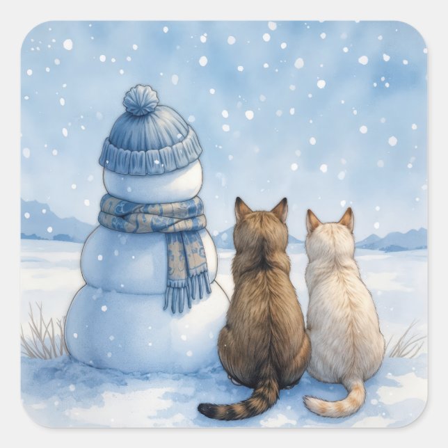 Pegatina Cuadrada Cats Sitting With a Snowman In a Field (Anverso)