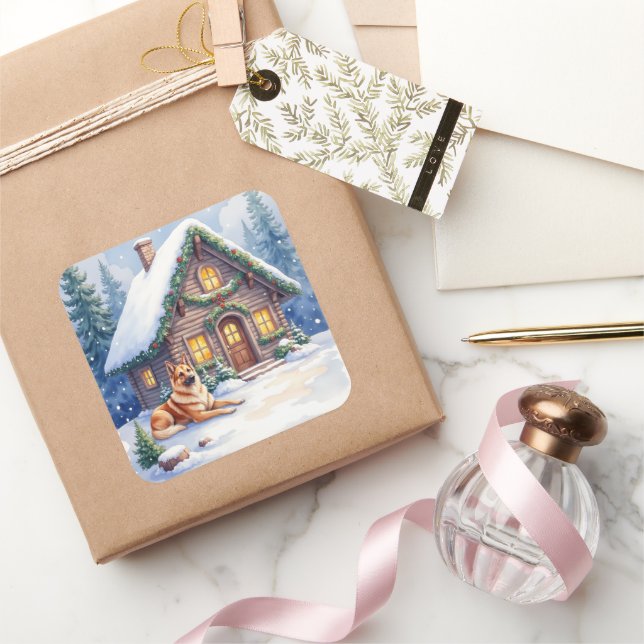 Pegatina Cuadrada Caucasian Shepherd Dog Mountain Cabin Christmas (Regalar)